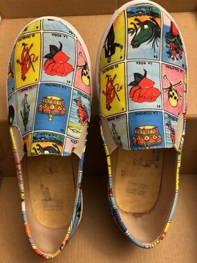 Women’s Slip-On Canvas Shoes with Colorful Lotería Print size 6/6.5